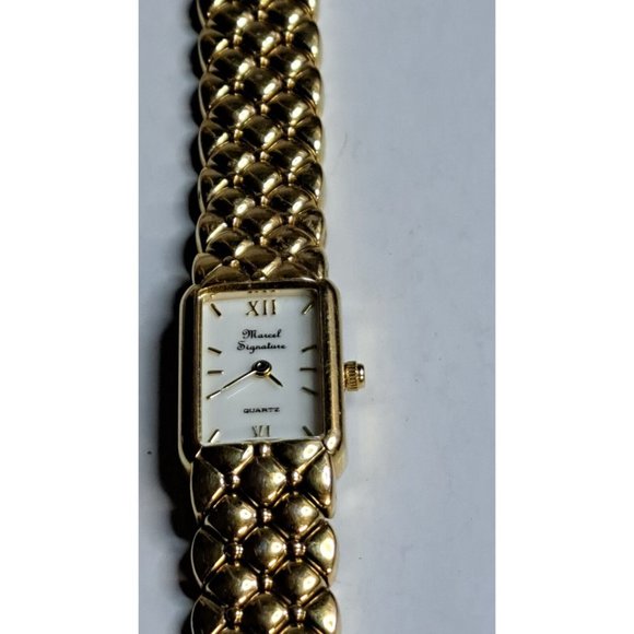 Marcel Drucker Signature Watch Women Gold Tone Rectangle - Picture 3 of 14